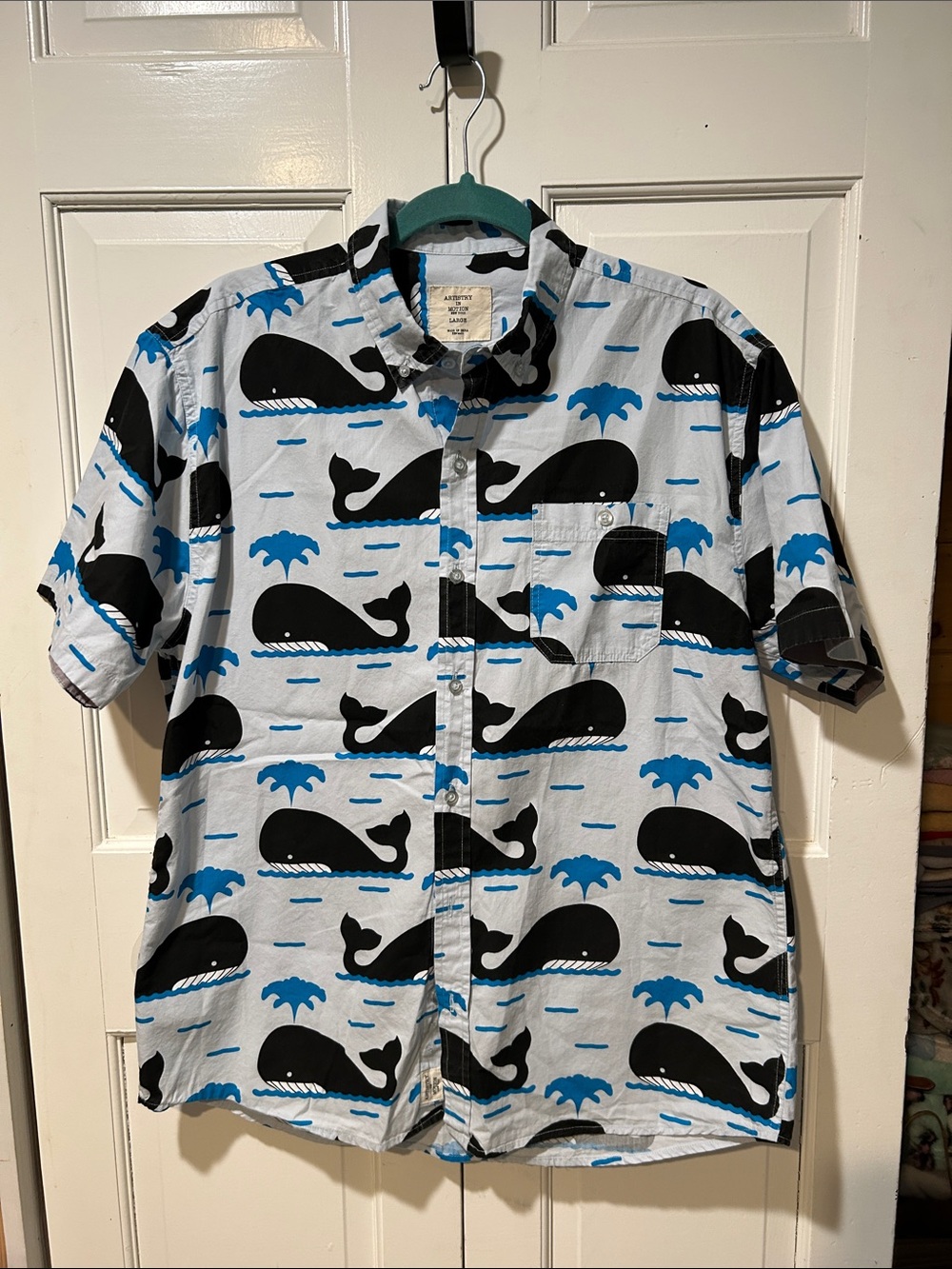 Men's Short-Sleeve Button-Down Whale Print Shirt - Blue/Black